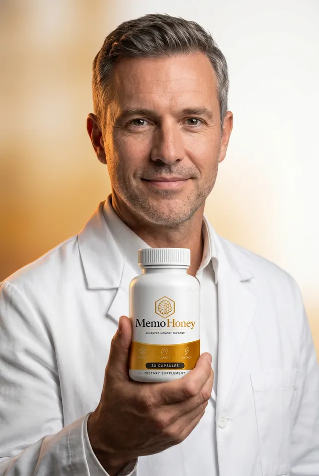 A clinician holding a bottle of MemoHoney memory support capsules
