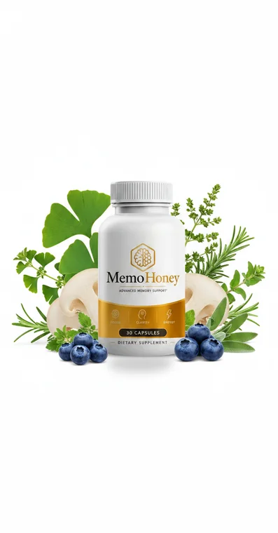 MemoHoney memory support capsule bottle surrounded by ginkgo leaves, blueberries and fresh herbs