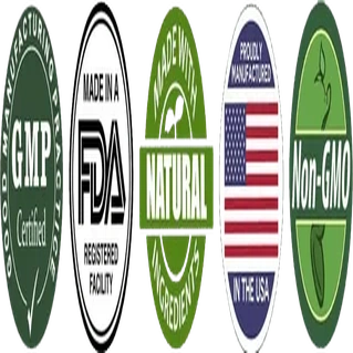 Five-mark strip: GMP certified, made in an FDA registered facility, natural, USA, non-GMO