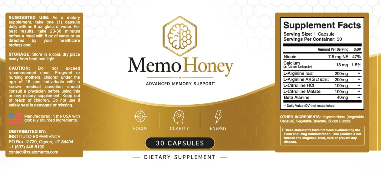 MemoHoney Supplement Facts panel showing niacin, calcium, L-arginine, L-citrulline and beta-alanine amounts per capsule